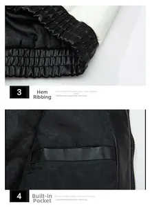 Detail view of the ribbed hem and secure inner pocket of a black faux leather jacket