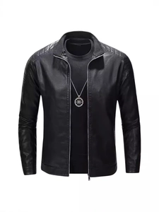 Men's slim fit black leather motorcycle jacket with stand collar and quilted shoulders