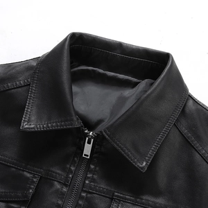 Men's slim fit black faux leather motorcycle jacket with lapel collar and metal zipper