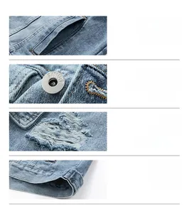 Detailed close-up of denim jacket showing matte buttons and distressed vintage fabric texture