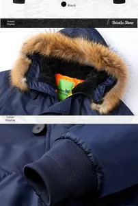 Detail of detachable brown fur collar and fleece lining on the navy blue pilot jacket