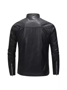 Men's slim fit black leather motorcycle jacket with stand collar and quilted shoulders