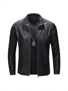 Men's slim-fit black motorcycle faux leather jacket with stand collar and quilted shoulders