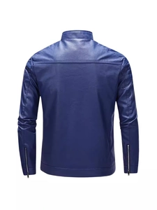 Slim fit navy blue leather motorcycle jacket for men with stand collar and back stitching