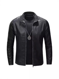 Slim fit black faux leather motorcycle jacket with stand collar and quilted shoulder detail