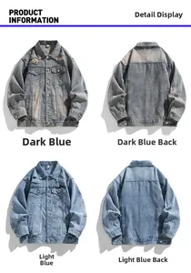 Detail view of vintage distressed denim jackets in blue and light blue with frayed edges