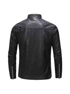 Men's slim fit black leather motorcycle jacket with stand collar and quilted shoulders