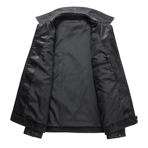 Slim fit men's black leather jacket with sleek inner lining and metal zipper details
