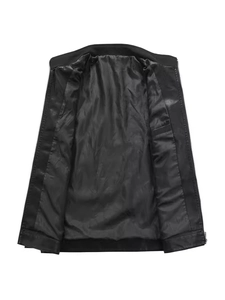 Men's black faux leather biker jacket with stand collar and sleek metal zipper closure