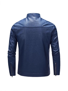 Slim fit navy blue motorcycle jacket with stand collar and textured leather back view