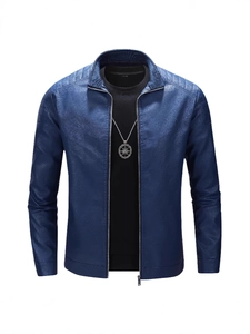 Men's slim-fit dark blue faux leather jacket with stand collar and quilted shoulders