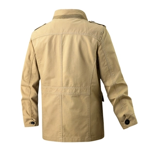 Men's khaki military style jacket in durable cotton canvas with standing collar, back view