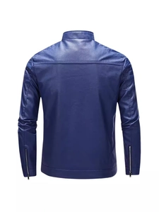 Sleek slim fit navy blue stand collar faux leather biker jacket for men back view