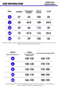 Detailed size chart for men's work jacket providing measurements from M to 3XL sizes