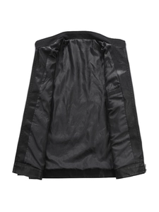 Men's slim fit motorcycle jacket with stand collar, ribbed lining, and inner pocket details