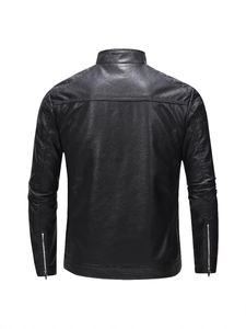 Slim fit black men's motorcycle leather jacket with stand collar and quilted shoulders