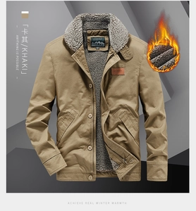 Détail de veste kaki pour homme avec doublure épaisse en laine d'agneau et effet thermique