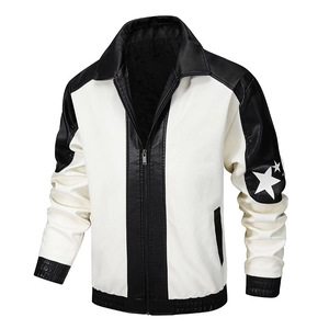 Men Contrast Color PU Leather Jacket Streetwear Moto Biker Zip Up Coat Star Patch Autumn Winter Windproof Jacket