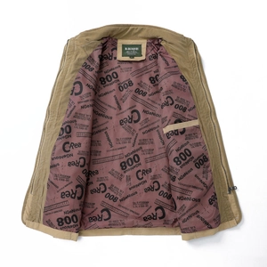 Men's khaki utility jacket with vintage industrial printed red lining and inner pocket