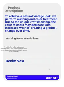 Detail of denim vest showing vintage wash process and professional care instructions