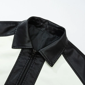 Men's casual black and white PU leather bomber jacket with lapel collar and metal zipper