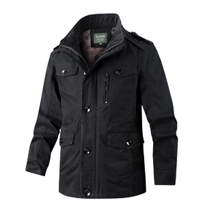 Men's black cotton workwear jacket with multiple utility pockets and standing collar
