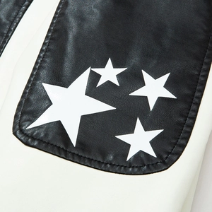 Men's casual faux leather jacket featuring black and white patchwork and star patterns