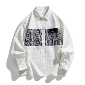 Men Casual Shirt Long Sleeve Waffle Texture Patchwork Zebra Print Urban Streetwear Loose Button Down Polyester Top