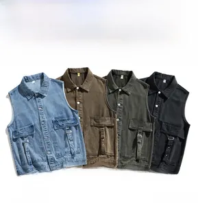 Detailed flat lay of utility denim vests in light blue, brown, dark green, and black