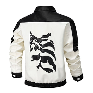 Men's casual black and white PU leather biker jacket featuring a bold abstract back patch