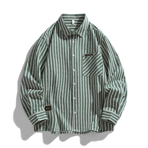 Men's Pure Cotton Herringbone Striped Long Sleeve Shirt Retro Functional Loose Fit Button Down Casual Shirt Top Jacket