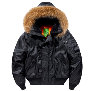 Men's MA-1 pilot jacket with fur collar and windproof black fabric for winter