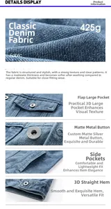 Detail view of 425g denim fabric featuring matte silver metal buttons and flap pockets