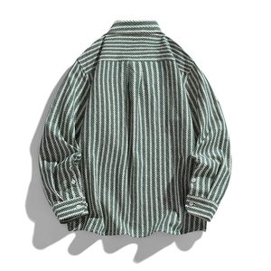 Men's striped long sleeve cotton shirt jacket with green and white vertical pattern