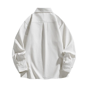 Men's white waffle knit long sleeve shirt featuring minimalist back seam and casual design