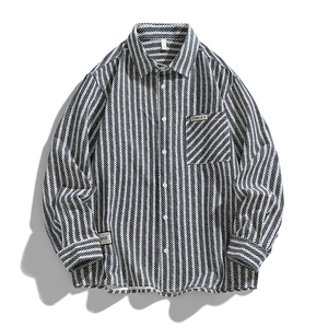 Men's cotton long sleeve striped shirt jacket with lapel collar and chest pocket