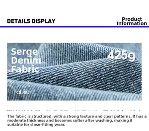 Detail of 425g twill denim fabric with deep blue texture and durable soft finish