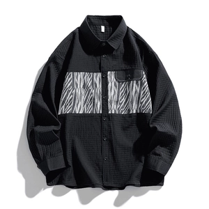 Men's black waffle texture long sleeve casual shirt with stylish zebra print accent