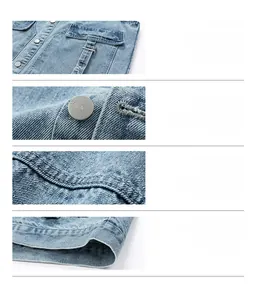 Detail of light blue denim vest showing 3D cargo pockets and custom JEANS metal buttons