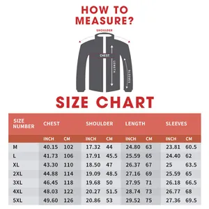 Detailed size chart for men's leather jacket showing measurements from size M to 5XL