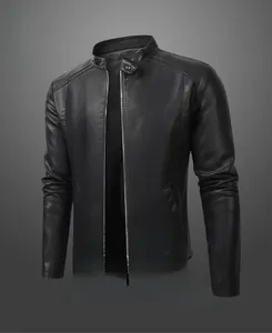 Detail of black leather jacket showing high-quality lychee texture and metallic zipper