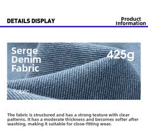 Detailed macro view of 425g washed blue twill denim fabric texture for men's vest