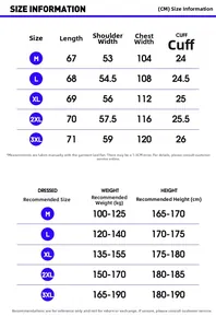 Detailed size chart for men's denim jacket from M to 3XL with measurements and guidelines