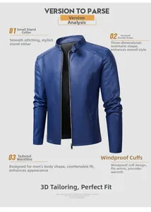 Detail view of men's navy blue faux leather jacket with stand collar and 3D slim fit cut