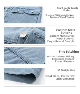 Detail view of light blue denim vest with chest pockets, metal buttons and stitch work