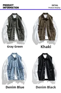 Detailed grid view showing four colors of men's casual patchwork denim jackets with hoods