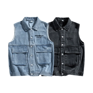 Men Vintage Washed Denim Vest Sleeveless Jacket Distressed Cotton Waistcoat Japanese Streetwear Multi Pocket Embroidered Casual Outerwear
