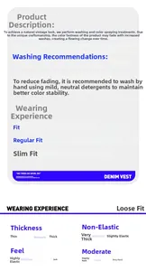Information chart detailing the loose fit and washing care for this denim vest