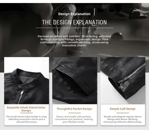 Detail view of men's black faux leather jacket showing stand collar and zip pockets