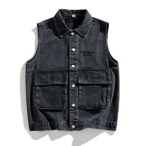 Men's retro washed black denim vest with fashion embroidery and utility chest pockets